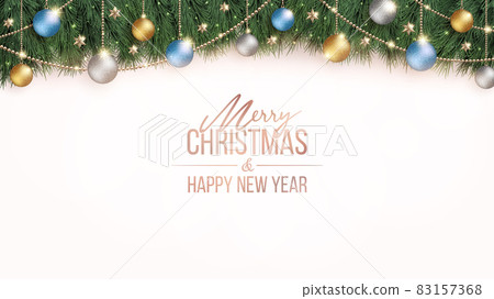 Glittering Christmas decorations and wide plain white background 83157368