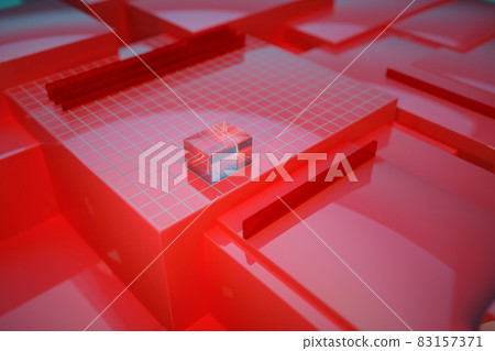 3D illustration of the red racks on which the glass rectangle model lies. Glass brick, 3d object on a red background. 3D graphics 83157371
