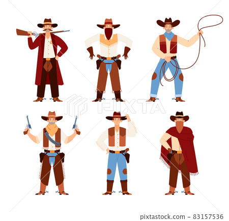 Vector set of cartoon characters cowboys in hats with weapons and rope lasso. 83157536