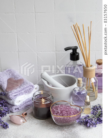 Natural herb cosmetic with lavender flowers 83157650