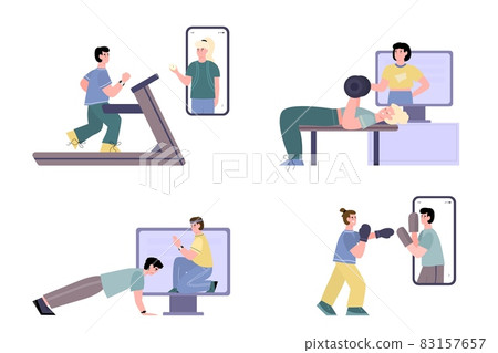 Online workouts with personal coaches on screen in gym or home. Online workouts with personal coaches on screen in gym or home. 83157657