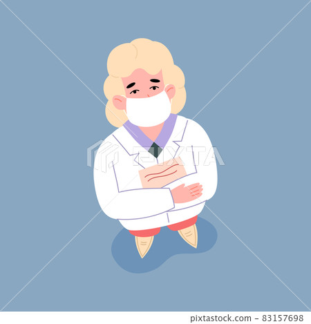 View from above on female doctor in medical facial mask and white coat looking up 83157698