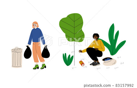 Young Woman Volunteer Collecting Trash in Bags Cleaning Environment Vector Set 83157992