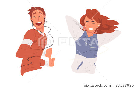 Cheerful Young Man and Woman with Earphones Listening to Music and Audio Track in His Player Vector Set 83158089