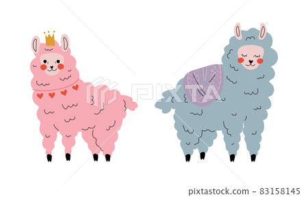 Pretty Wooly Llama or Alpaca as Adorable Fairy Animal Vector Set 83158145