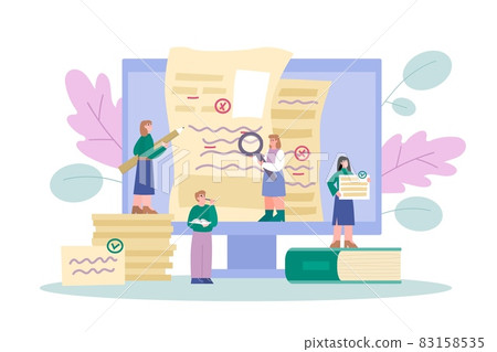 Team of editors and copywriters work on text, flat vector illustration isolated. 83158535