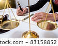 lawyer Detail of a judge sitting at his desk, studying new laws and legislation and taking notes. 83158852