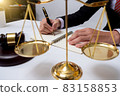 lawyer Detail of a judge sitting at his desk, studying new laws and legislation and taking notes. 83158853