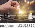 hand of businessman moving chess game figure in competition success play. strategy 83158859