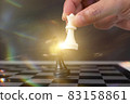 hand of businessman moving chess game figure in competition success play. strategy 83158861