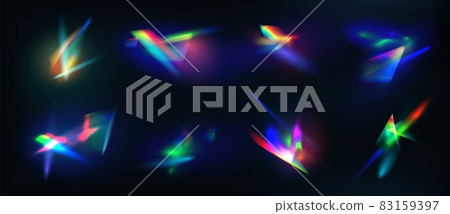 Realistic diamond reflection, rainbow light optical effect. Crystal, jewelry, prism or lens flare. Iridescent glowing sparkles vector set 83159397