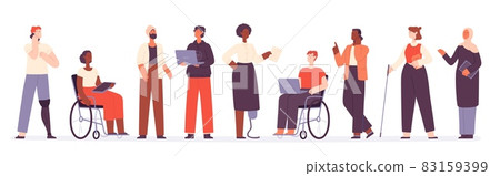 Flat diverse group of business people and office worker. Teamwork inclusion with muslim, black and active disabled characters vector concept Flat diverse group of business people and office worker. Teamwork inclusion with muslim, black and active disabled characters vector concept 83159399