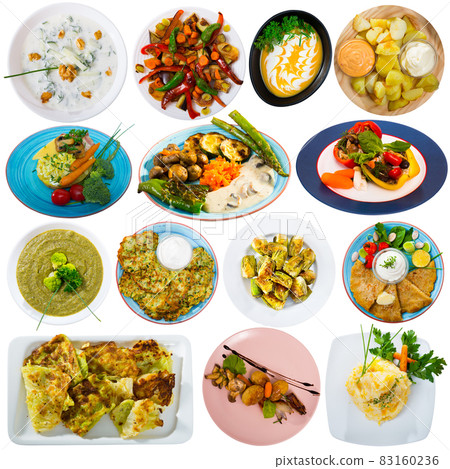 Set of various appetizing dishes with vegetables isolated on white background Set of various appetizing dishes with vegetables isolated on white background 83160236
