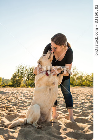 Portrait of young beautiful woman in sunglasses sitting on sand beach with golden retriever dog. Girl with dog by sea. Portrait of young beautiful woman in sunglasses sitting on sand beach with golden retriever dog. Girl with dog by sea. 83160382