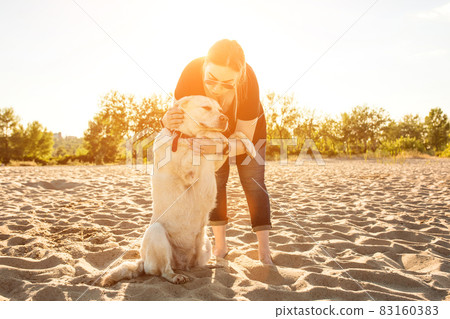 Young female training labrador retriever dog on the beach at sunset. Sun flare Young female training labrador retriever dog on the beach at sunset. Sun flare 83160383