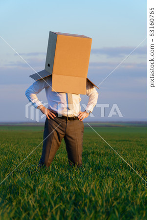 businessman puts his head in a cardboard box and poses on a green grass field - business concept 83160765