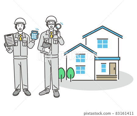 Vector illustration material of house and worker with calculator and magnifying glass / communication / site supervision / construction / remodeling 83161411