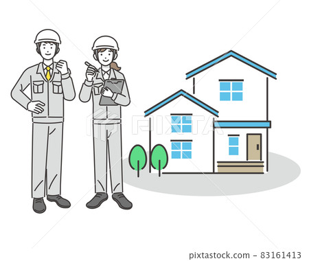 Vector illustration of a worker with a house and a binder Material / Communication / Site supervision / Construction / Remodeling 83161413