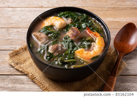 Beef, okra stew and spinach soup in bowl Beef, okra stew and spinach soup in bowl 83162104