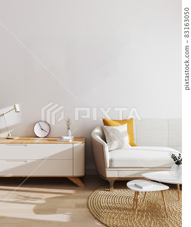 Modern living room interior background. Mockup, living room with white wall and modern minimalistic furniture. Scandinavian style, stylish living room interior. 3d illustration. Modern living room interior background. Mockup, living room with white wall and modern minimalistic furniture. Scandinavian style, stylish living room interior. 3d illustration. 83163050