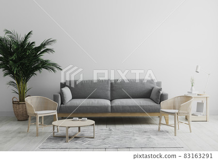 Modern interior of living room mock up in gray tones with gray sofa and wooden armchair, palm tree and coffee table, living room interior background, scandinavian style, living room mockup, 3d render. 83163291