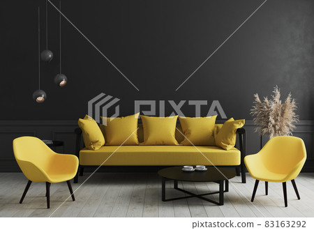 Modern room interior background with black wall and stylish yellow sofa and design armchair near coffee table, elegant, luxury, living room interior mock up, 3d rendering. Modern room interior background with black wall and stylish yellow sofa and design armchair near coffee table, elegant, luxury, living room interior mock up, 3d rendering. 83163292