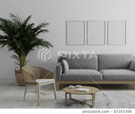 blank wooden vertical picture frame mockup in modern interior living room background in gray tones with gray sofa and wooden armchair, palm tree and coffee table, scandinavian style, 3d render. blank wooden vertical picture frame mockup in modern interior living room background in gray tones with gray sofa and wooden armchair, palm tree and coffee table, scandinavian style, 3d render. 83163306