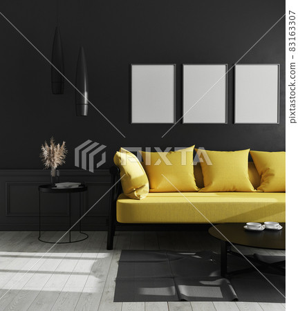 three blank vertical poster frames mock up in modern luxury living room interior with black wall and bright yellow sofa, scandinavian style, 3d illustration. three blank vertical poster frames mock up in modern luxury living room interior with black wall and bright yellow sofa, scandinavian style, 3d illustration. 83163307