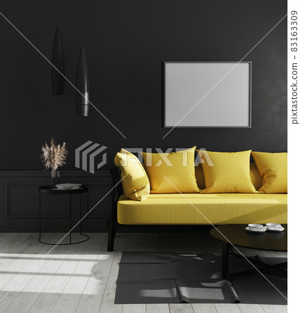 blank horizontal picture frame mock up in modern luxury living room interior with black wall and bright yellow sofa, scandinavian style, 3d illustration. blank horizontal picture frame mock up in modern luxury living room interior with black wall and bright yellow sofa, scandinavian style, 3d illustration. 83163309