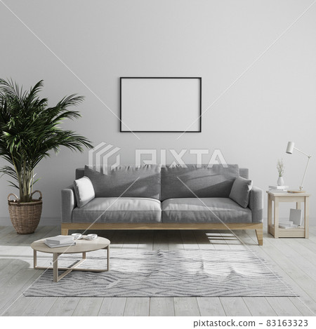 Blank horizontal picture frame mock up in modern minimalist living room interior with gray sofa and palm tree, living room interior background, living room in gray tones, 3d render. Blank horizontal picture frame mock up in modern minimalist living room interior with gray sofa and palm tree, living room interior background, living room in gray tones, 3d render. 83163323