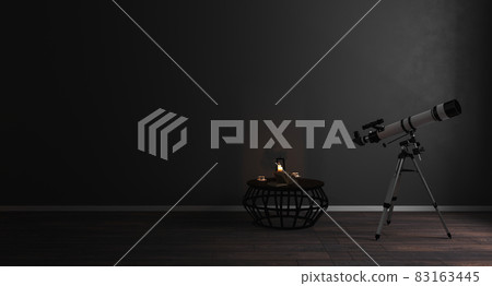 Telescope near window in modern dark room interior background, mock up, astronomy concept, 3d rendering 83163445