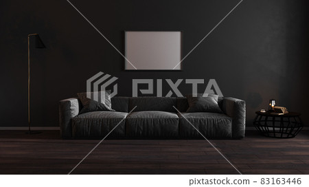 Horizontal blank poster frames mock up in luxury dark living room interior with gray sofa, modern interior background, 3d illustration. 83163446