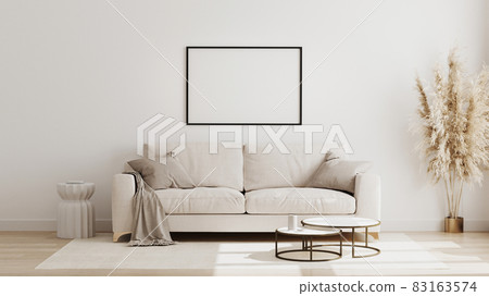 Blank horizontal poster frame mock up in  scandinavian style living room interior, modern living room interior background, beige sofa and pampas grass, 3d rendering 83163574
