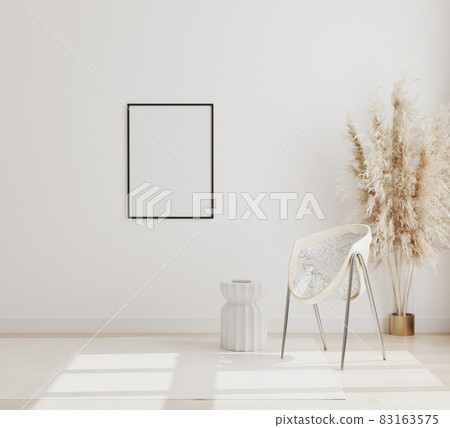 Blank vertical frame mock up on white wall in modern interior background with chair and pampas grass on wooden floor, scandinavian style, 3d rendering Blank vertical frame mock up on white wall in modern interior background with chair and pampas grass on wooden floor, scandinavian style, 3d rendering 83163575