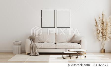 Blank poster frame mock up in  scandinavian style living room interior, modern living room interior background, beige sofa and pampas grass, 3d rendering 83163577