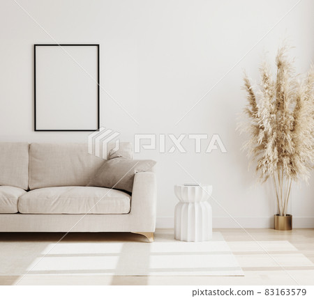 Empty Poster frame mock up  in modern living room interior background in biege colours, sofa with coffee table and dried flowers on wooden floor, scandinavian style, 3d rendering 83163579