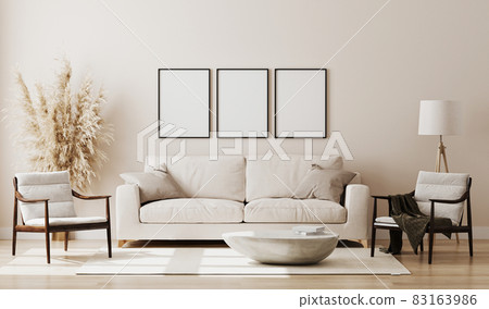 Blank picture frame mock up in beige room interior , 3d rendering. 83163986