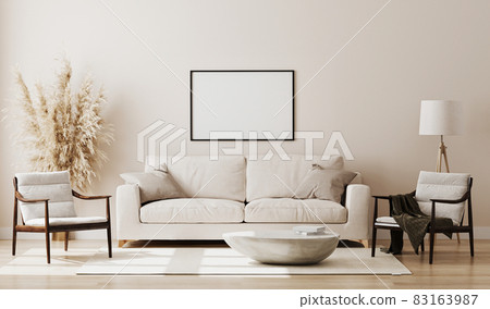 Blank picture frame mock up in beige room interior , 3d rendering. 83163987