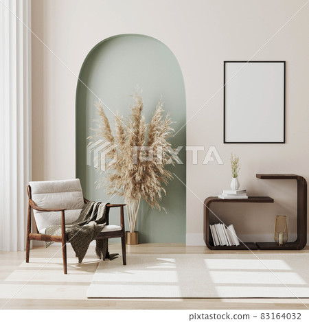 Blank poster frame in modern interior design of living room with white wooden chair with blanket, pampass grass, decorative pastel green arch and white column, 3d render. Blank poster frame in modern interior design of living room with white wooden chair with blanket, pampass grass, decorative pastel green arch and white column, 3d render. 83164032