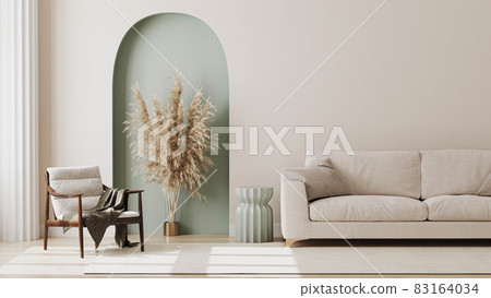 living room interior mock up, modern furniture and decorative green arch with trendy dried flowers, white sofa and armchair, 3d render. living room interior mock up, modern furniture and decorative green arch with trendy dried flowers, white sofa and armchair, 3d render. 83164034