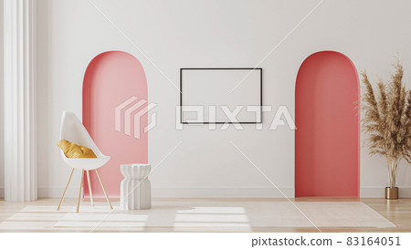 Blank picture frame mockup on wall in modern living room interior with decorative pastel pink arches, column, chair with pillow, 3d rendering. Blank picture frame mockup on wall in modern living room interior with decorative pastel pink arches, column, chair with pillow, 3d rendering. 83164051