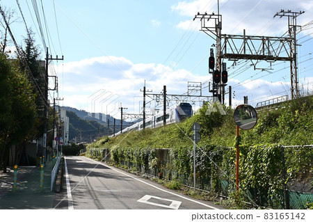 Scenery during a walk Road and railroad Under the blue sky in autumn Passing a limited express train Scenery during a walk Road and railroad Under the blue sky in autumn Passing a limited express train 83165142