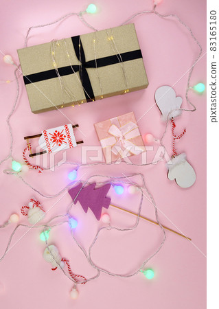 New Year Christmas holiday 2022 celebration box background copy space. Postcard text design. Vertical photo New Year Christmas holiday 2022 celebration box background copy space. Postcard text design. Vertical photo 83165180