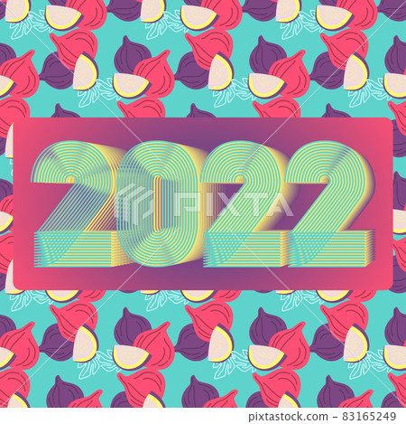 2022 Happy New Year. Seamless pattern of figs background. 3d dimensional 2022 numbers, thin lines striped style. Abstract cover design vector illustration. Card, banner, brochure, magazine. Cyan pink 83165249