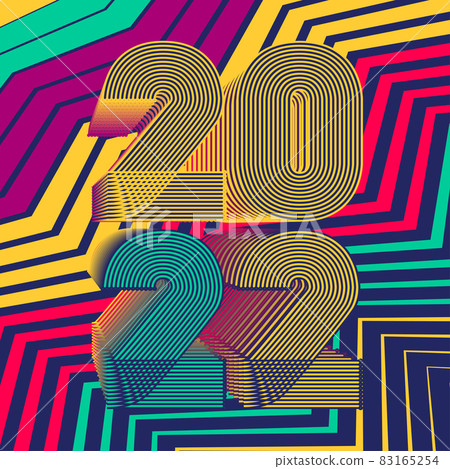 2022 Happy New Year. Colorful neon zig zag geometric background. 3d dimensional 2022 numbers in thin lines striped style. Abstract cover design vector illustration for card, banner, brochure, magazine 83165254