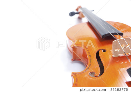 Part of old violin on white background. Musical instrument of vintage style. 83168776