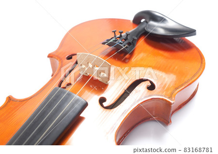 Part of old violin on white background. Musical instrument of vintage style. Part of old violin on white background. Musical instrument of vintage style. 83168781