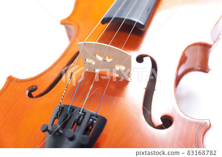 Part of old violin on white background. Musical instrument of vintage style. Part of old violin on white background. Musical instrument of vintage style. 83168782