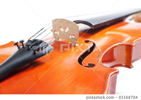 Part of old violin on white background. Musical instrument of vintage style. Part of old violin on white background. Musical instrument of vintage style. 83168784
