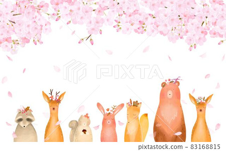Scandinavian cute frame illustration vector material under the cherry tree in full bloom with forest animals 83168815